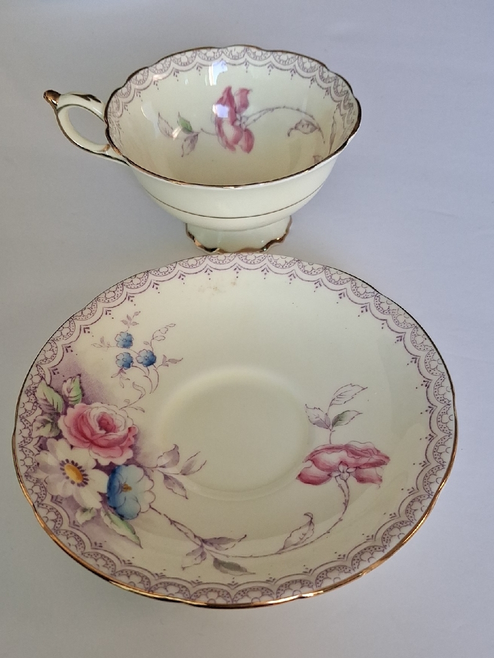 "Royal Warrent" Vintage Floral Bone China Teacup & Saucer - Pink Floral Pattern